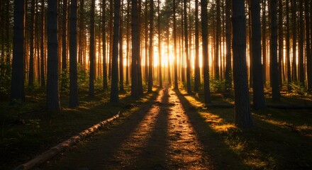 Obraz premium Tranquil Forest Scene with Golden Hour Light