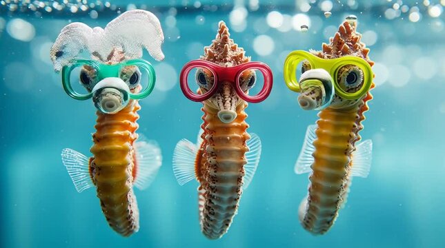 Drei Seepferdchen mit Taucherbrille im Wasser
