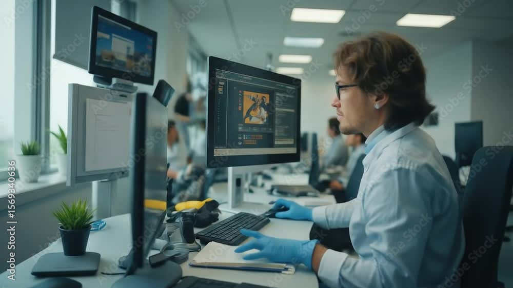 Poster young male office worker using computer in modern workspace with multiple screens