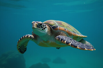 Graceful Sea Turtle Swimming Underwater Near Coral Reef

