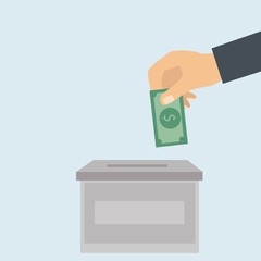 Donation box collecting money and hand putting paper money in the donate box. providing material assistance to socially vulnerable people vector illustration
