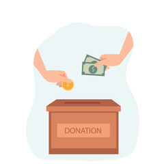 Donation box collecting money and hand putting paper money and coin in the donate box. providing material assistance to socially vulnerable people vector illustration