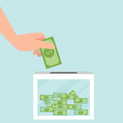 Donation box collecting money and hand putting paper money in the donate box. providing material assistance to socially vulnerable people vector illustration