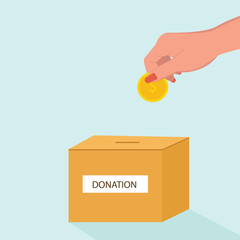 Donation box collecting money and hand putting coin in the donate box. providing material assistance to socially vulnerable people vector illustration