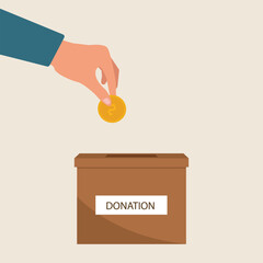 Donation box collecting money and hand putting coin in the donate box. providing material assistance to socially vulnerable people vector illustration