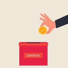 Donation box collecting money and hand putting coin in the donate box. providing material assistance to socially vulnerable people vector illustration