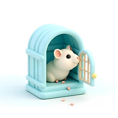3D Web Icon Illustration of a small pastel blue pet cage with an open wire door, looking cozy on a white background