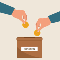 Donation box collecting money and hand putting coin in the donate box. providing material assistance to socially vulnerable people vector illustration