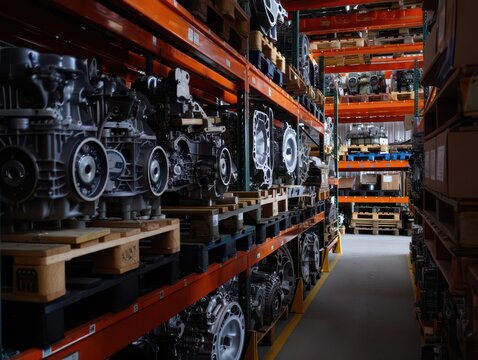 Industrial warehouse with metal gearboxes and machine parts organized on shelves for manufacturing and logistics storage.