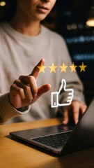 Woman giving five star rating on virtual interface using laptop for customer feedback and online review evaluation.