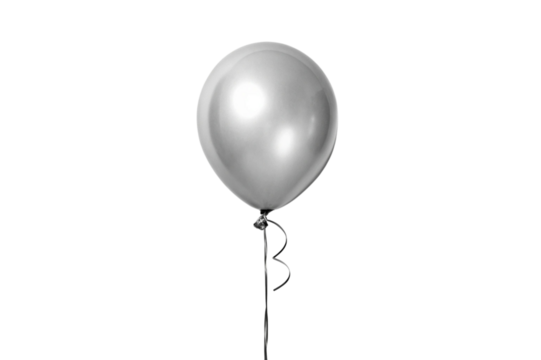Shiny silver balloon with ribbon isolated on transparent background