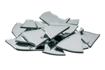  pile of shattered reflective glass shards isolated on white background