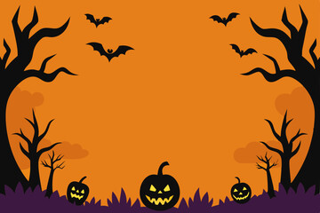 Spooky Halloween Night Jack-o'-lanterns, Bats, and Creepy Trees