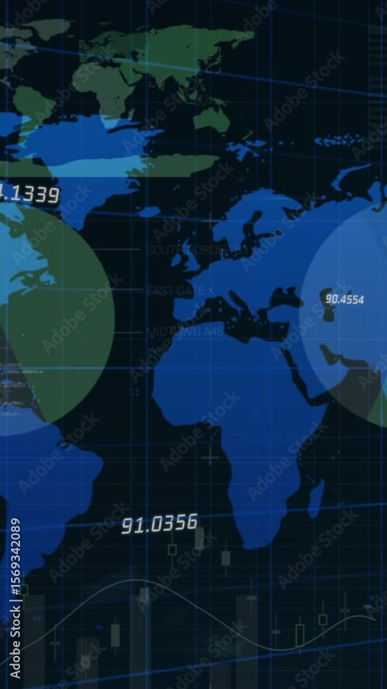 Aufkleber animation of financial data processing over world map of black background