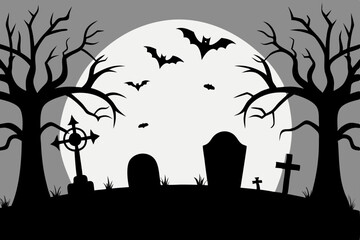 Spooky Halloween Graveyard Scene Bats, Moon, and Tombstones