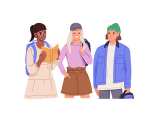Obraz premium Happy friends stand together. Diverse students of high school with backpacks. Children, girls and boys are classmates. Group of pupils, kids. Flat isolated vector illustration on white background