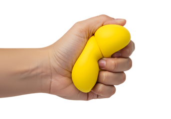 Closeup of a Hand Squeezing a Yellow Stress Ball isolated on transparent background