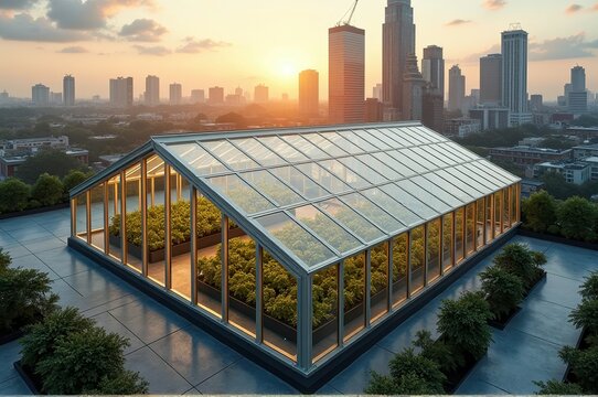 Urban rooftop greenhouse at sunset overlooking city skyline - Powered by Adobe