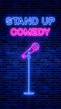 stand up comedy night show and microphone sign neon lights on brick wall background , bar and club comedy and humor show party vertical social media background	
