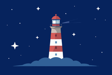 A majestic white lighthouse stands tall against a vibrant blue sky or amidst the dark, guiding ships along the sea coast with its powerful beacon