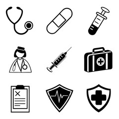 Medical icons are displayed on a white background