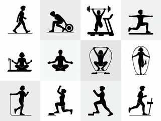 Collection of diverse fitness and exercise icons featuring people engaged in activities like walking weightlifting yoga jumping rope and step aerobics presented in a clean silhouette style