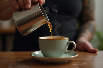 Fresh Hot Coffee Being Poured into White Cup and Saucer

