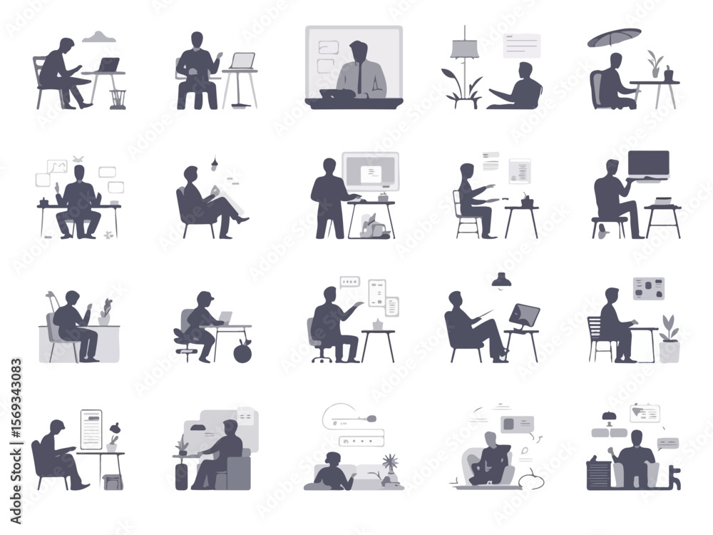 Aufkleber collection of modern people working remotely or at their desks in various settings with laptops and 