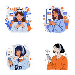 Set Playlist,  isolated on white, transparent background. Stylish young women enjoying playlists on their smartphones with vibrant backgrounds