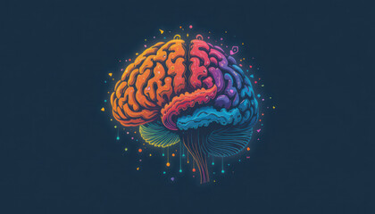 Artistic Representation of Human Brain with Colorful Halves and Abstract Decorative Elements on Dark Background