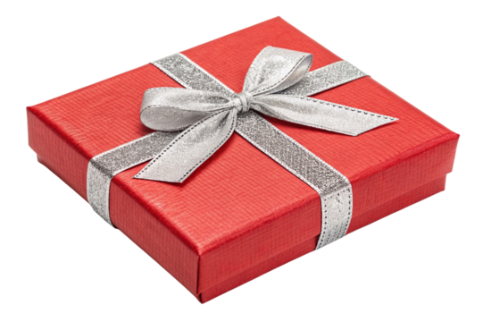 Elegant red gift box with a shimmering silver ribbon and bow isolated on transparent background