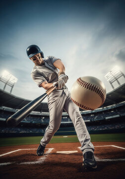 Action scene of Baseball player swinging bat at ball viewed from an uncommon perspective in a stadium creating an impressive effect in the foreground