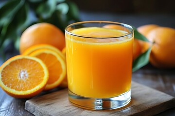 Fresh orange juice in glass with sliced oranges symbolizing health, freshness, and vibrant natural energy