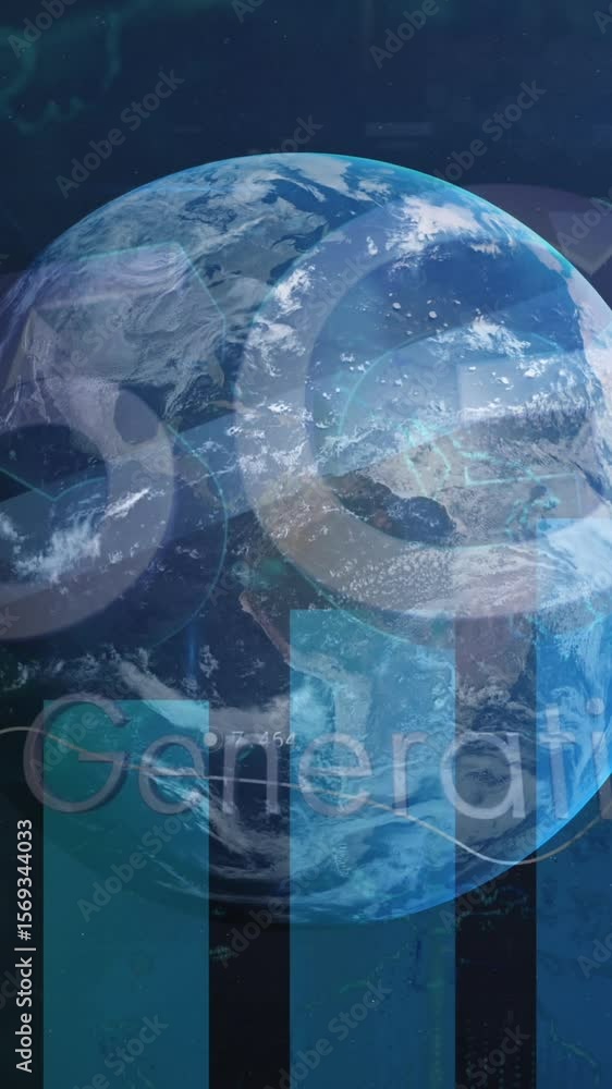 Poster animation of statistics and data processing with blue arrow over globe