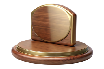 Elegant wooden award trophy with gold trim and circular plaque isolated on transparent background