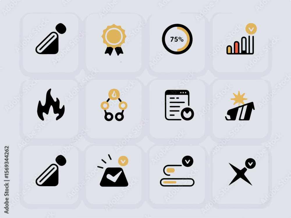 Poster collection of modern flat design icons symbolizing various business concepts including achievement s