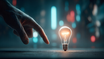 Hand touches lit lightbulb on table. Symbol of idea, innovation, artificial intelligence tech concept. Blurry lights background. Smart network, futuristic tech development, data analysis, solution.