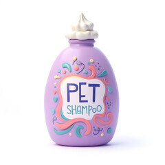 3D Web Icon Illustration of a purple pet shampoo bottle with a cute label and foam on the cap, neatly placed on a white background