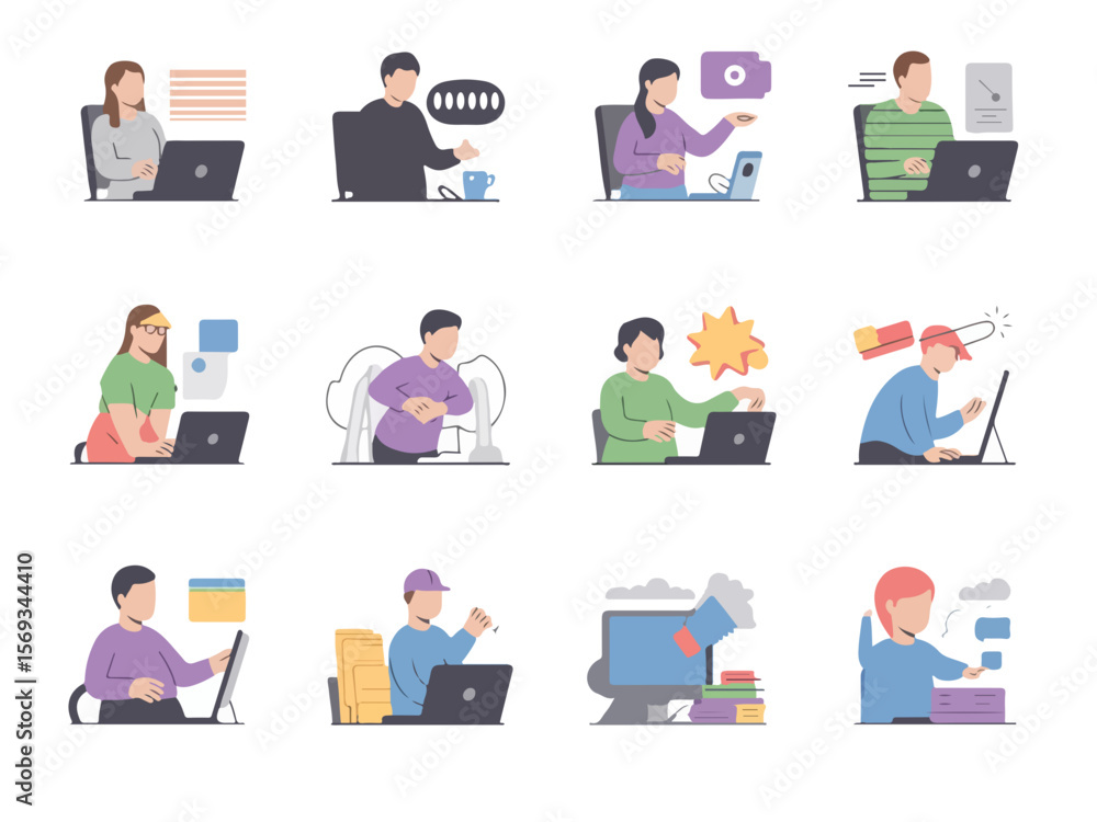 Poster collection of stylized flat illustrations depicting diverse individuals working on laptops and compu