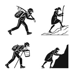 Obraz premium Hikers climbing mountains in black and white illustration