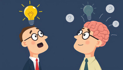 Cartoon characters thinking and brainstorming creative ideas with light bulbs and question marks on a blue background