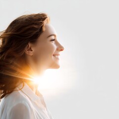 Positive Attitude close up of smiling person in sunlight focus on copy space bright uplifting tones Double exposure silhouette with sun rays and smile
