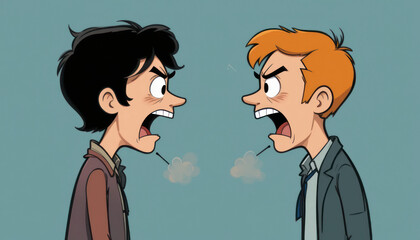 Two Cartoon Characters in an Intense Argument with Expressive Facial Gestures and Emotions Representing Conflict and Disagreement