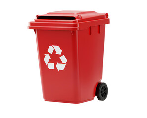 red recycle bin PNG. red bin for recycling trash isolated. red garbage bin isolated on transparent background for waste sorting visuals