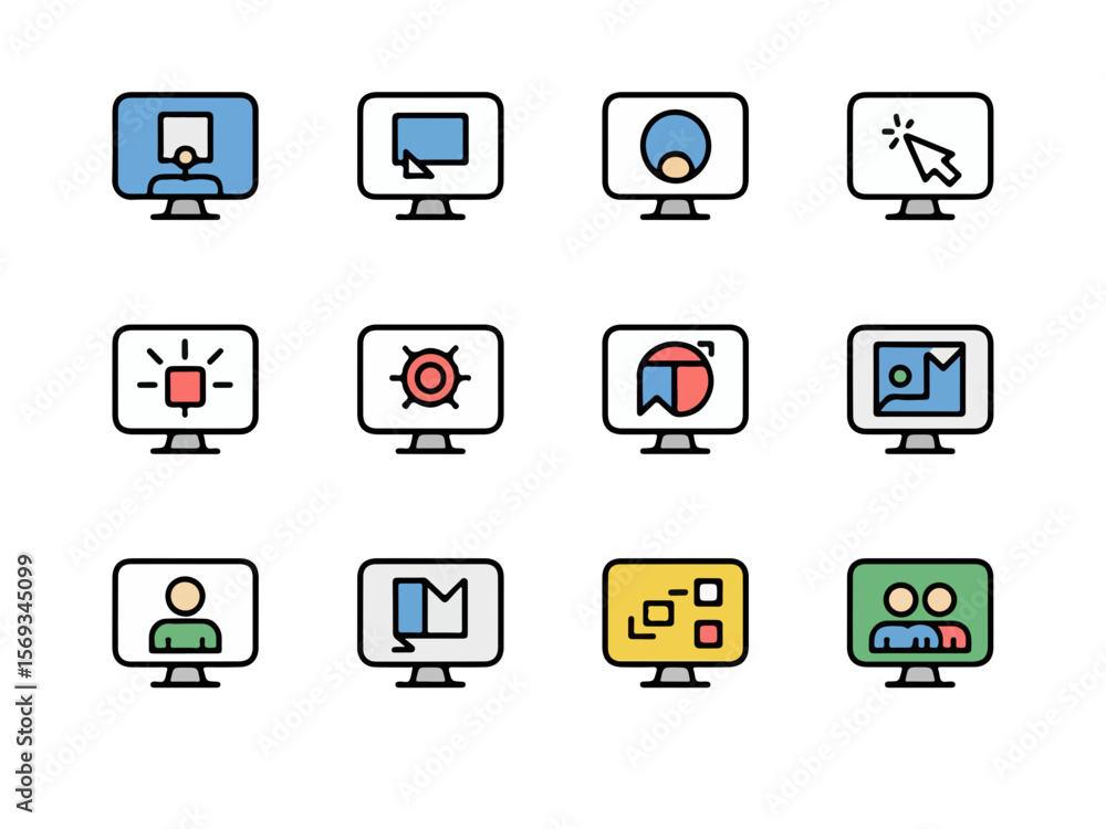 Poster Collection of twelve modern flat design computer monitor icons representing various digital concepts and user interface elements in a clean silhouette style