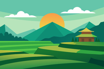 Vector illustration of a serene summer mountain landscape with green hills, a river, and a bright sky with clouds