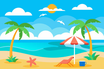 Obraz premium Tropical summer beach landscape vector illustration with palm trees, sun, sea, and island paradise