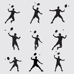 Set of vector silhouettes of male badminton players in a match