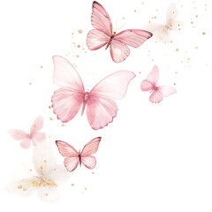 Image of Elegant flying pink butterflies with semi-transparent watercolor wings and gold foil shimmer detail, gold flecks floating around on white background printed on Printed Glass Basin Splashbacks