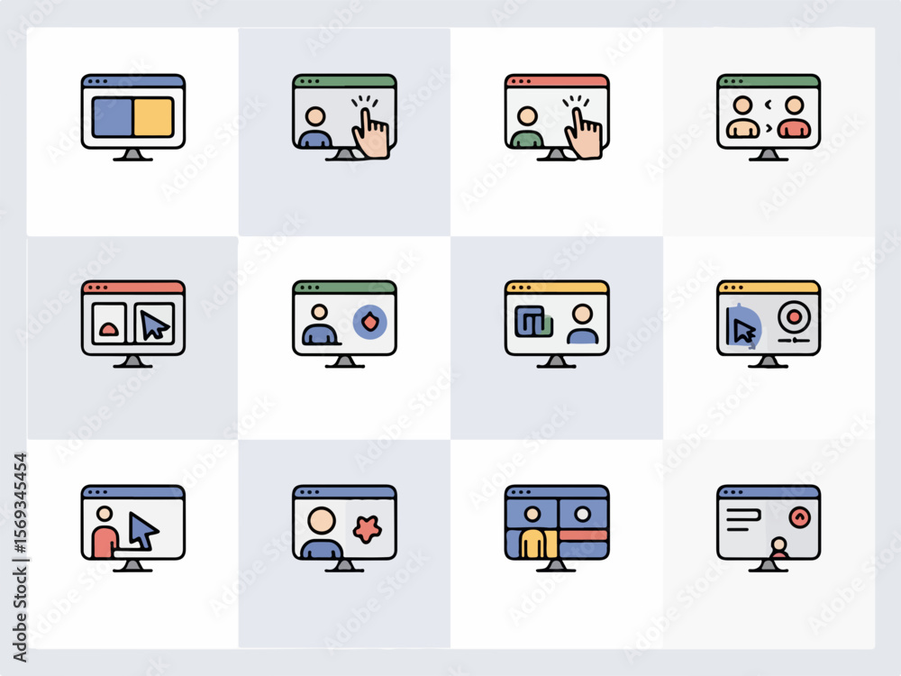 Fototapete Collection of twelve distinct computer screen icons showcasing various user interface elements and interactions in a clean modern silhouette style